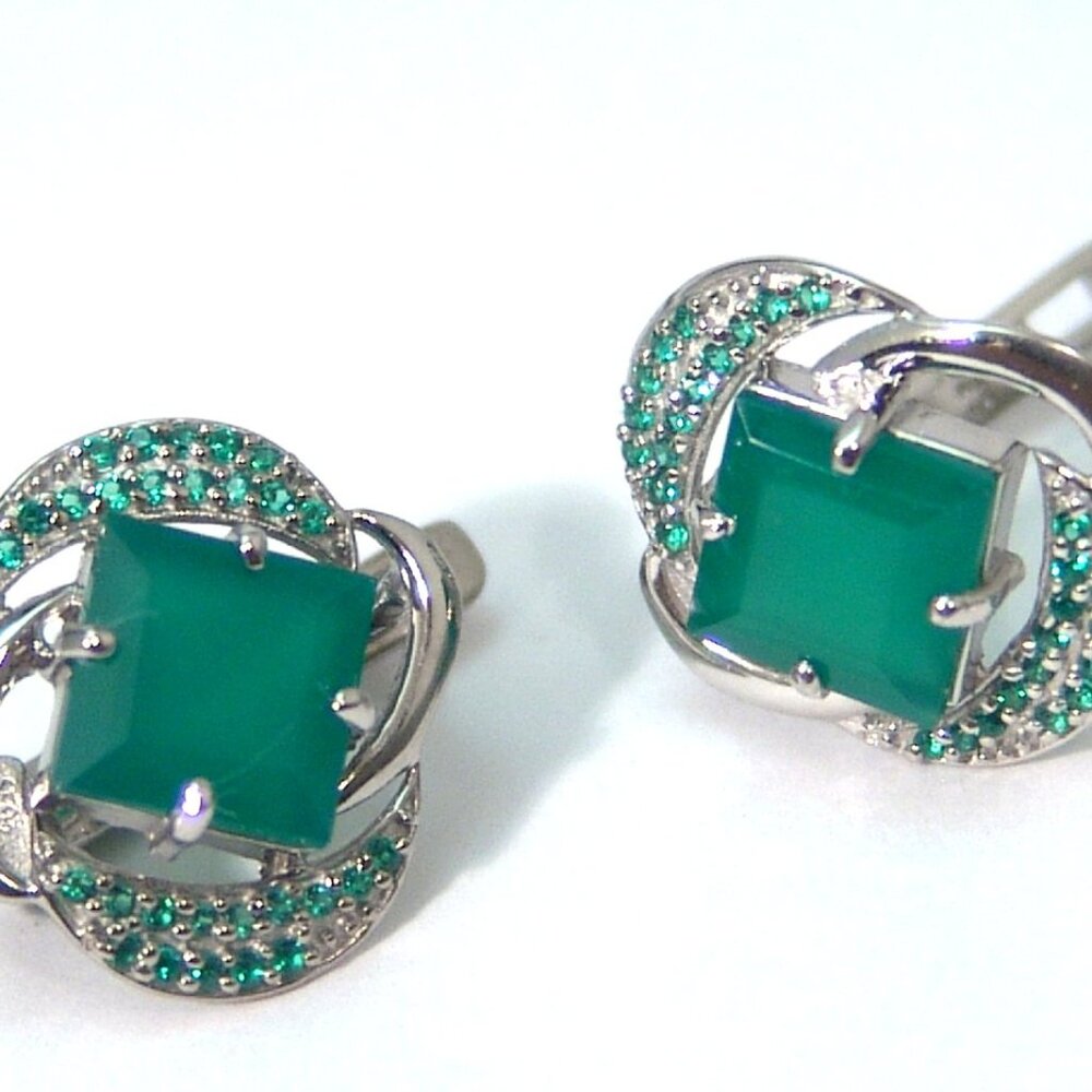 Sterling Silver Green Agate Omega Back Earrings Anti Tarnish 5.3 carats